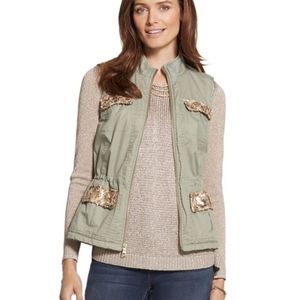 Chico's Green Utility Vest size 1 Gold Sequins